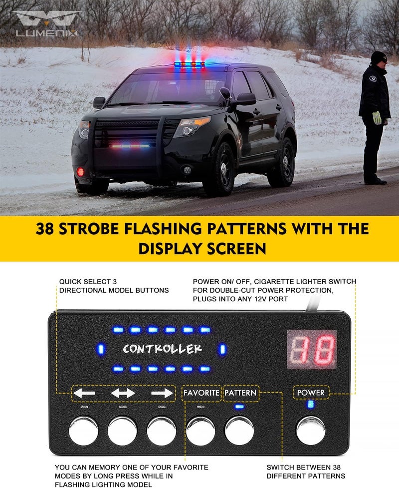 LUMENIX LED Rooftop Strobe Beacon Lights Bar with Controller - Red Blue Emergency Traffic Warning Lights - Image 3