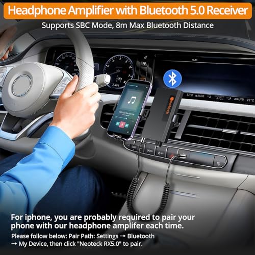 Neoteck Portable 3.5mm Headphone Amplifier with Bluetooth 5.0 Receiver, Two-Stage Gain Switch, 16-300 Ohm HiFi Earphone Amp, Aluminum Matte Surface - Image 3