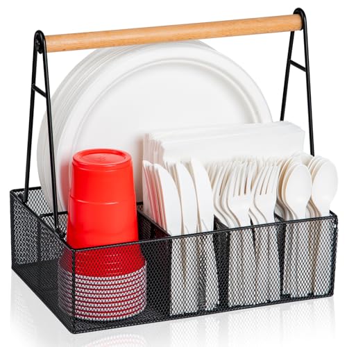 NACIMAX Paper Plate Organizer with Handle for Countertop Metal Silverware Caddy for Cup Napkin Fork and Spoon Paper Plate and Utensil Holder Cutlery Caddy for Party Camping Picnic Black - Image 1