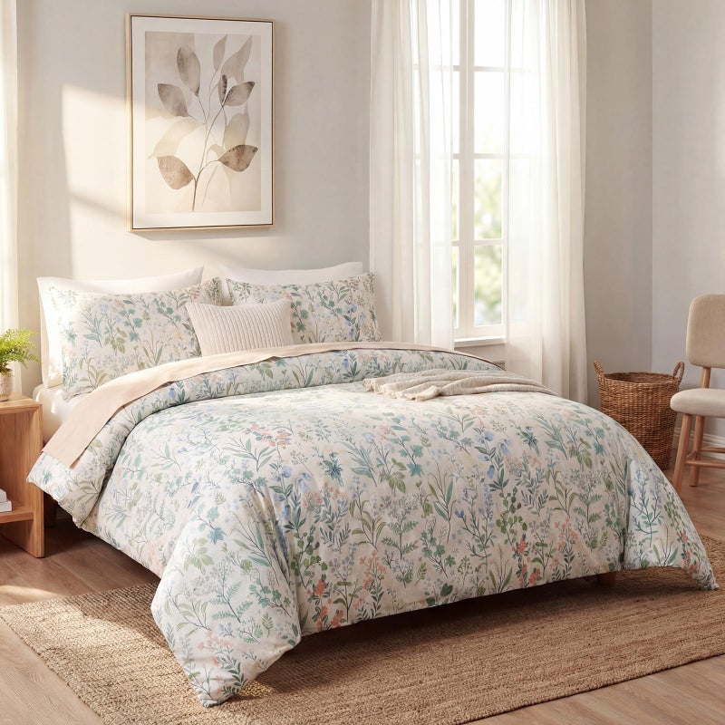 Cozaline Duvet Cover King Size 100% Cotton Comforter Cover Green Floral Breathable Duvet Cover with Zipper Closure & Corner Ties 3 Pcs Green Fragrant Grass Duvet Cover Set - Image 2