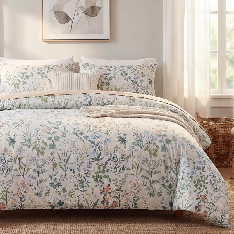 Cozaline Duvet Cover King Size 100% Cotton Comforter Cover Green Floral Breathable Duvet Cover with Zipper Closure & Corner Ties 3 Pcs Green Fragrant Grass Duvet Cover Set - Image 1