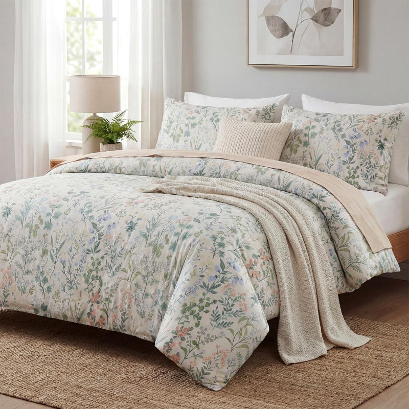 Cozaline Duvet Cover King Size 100% Cotton Comforter Cover Green Floral Breathable Duvet Cover with Zipper Closure & Corner Ties 3 Pcs Green Fragrant Grass Duvet Cover Set - Image 5