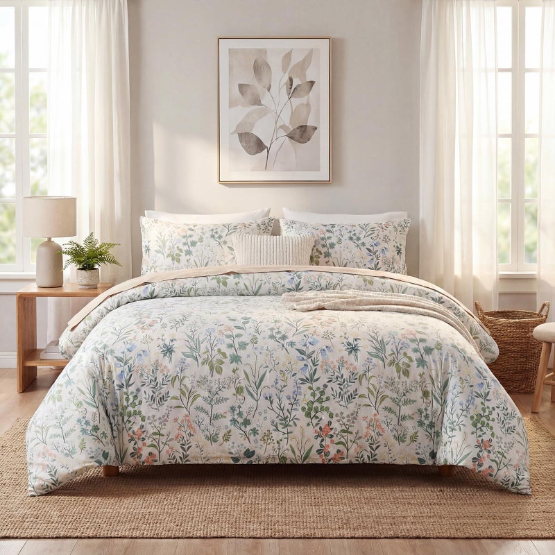 Cozaline Duvet Cover King Size 100% Cotton Comforter Cover Green Floral Breathable Duvet Cover with Zipper Closure & Corner Ties 3 Pcs Green Fragrant Grass Duvet Cover Set - Image 3