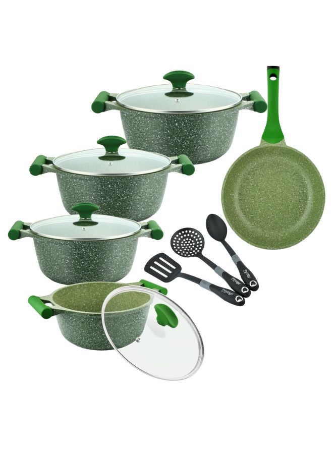Prestige 12-Piece Granite Non-Stick Aluminium Essentials Cookware Set Includes 1xCasserole with Lid 20 cm, 1xCasserole With Lid 24 cm, 1xCasserole With Lid 26 cm, 1xCasserole With Lid 28 cm, 1xFrying Pan 24 cm, 3xKitchen tools Green - Image 1