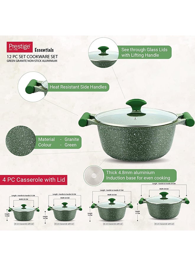 Prestige 12-Piece Granite Non-Stick Aluminium Essentials Cookware Set Includes 1xCasserole with Lid 20 cm, 1xCasserole With Lid 24 cm, 1xCasserole With Lid 26 cm, 1xCasserole With Lid 28 cm, 1xFrying Pan 24 cm, 3xKitchen tools Green - Image 5