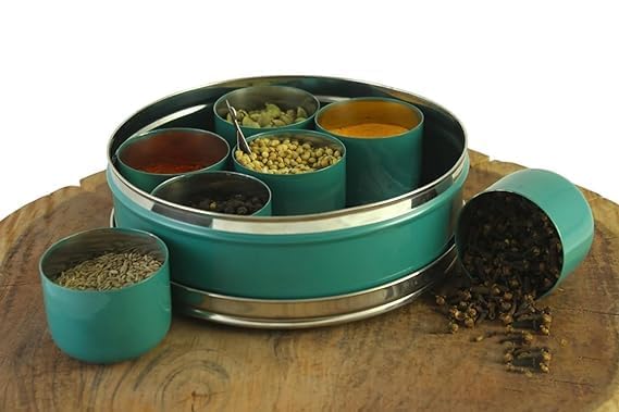 VOMI Stainless Steel Masala Container for Kitchen Storage Spice Organizer BoxDabba With 7 Container and Small Spoon Blue - Image 1