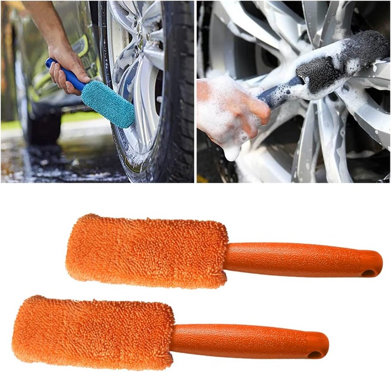 JNNJ 2 Pcs Wheel Brush, Soft Microfiber Metal Free Rim and Wheel Brushes Kit, Easy Reach Tire Detailing Washing Tool, Professional Grade Scratch Free Wheel Cleaning Set for Cars Motorcycles(Orange) - Image 1