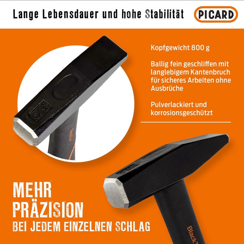 Picard Riveting Hammer BlackTec 800g - German Pattern, Cross Peen, Alloy Steel Head, Black Powder Coated, Low Vibration, Fiberglass Core Handle, Rubber Grip, 0032700-0800 - Image 3