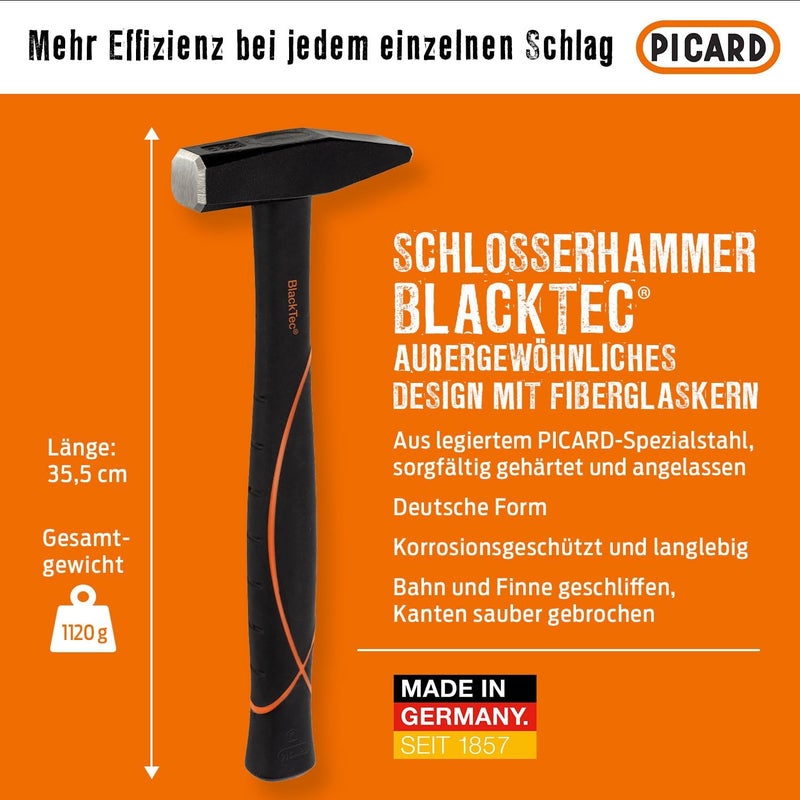 Picard Riveting Hammer BlackTec 800g - German Pattern, Cross Peen, Alloy Steel Head, Black Powder Coated, Low Vibration, Fiberglass Core Handle, Rubber Grip, 0032700-0800 - Image 2