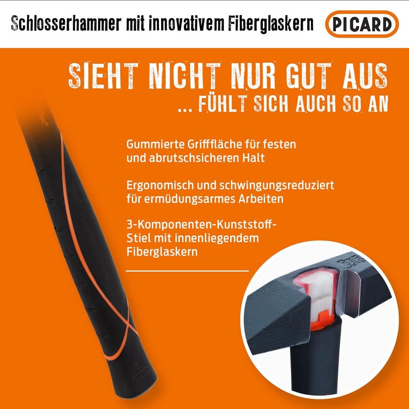 Picard Riveting Hammer BlackTec 800g - German Pattern, Cross Peen, Alloy Steel Head, Black Powder Coated, Low Vibration, Fiberglass Core Handle, Rubber Grip, 0032700-0800 - Image 4