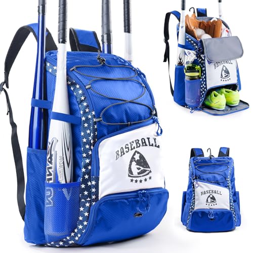 VIGEGARI Baseball & Softball Bag for Youth & Adult with 4 Bat Sleeves, Shoe Compartment, Fence Hook - Blue, Large - Image 1