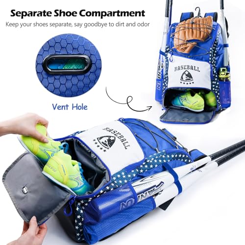 VIGEGARI Baseball & Softball Bag for Youth & Adult with 4 Bat Sleeves, Shoe Compartment, Fence Hook - Blue, Large - Image 3