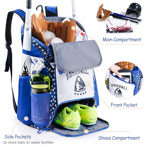 VIGEGARI Baseball & Softball Bag for Youth & Adult with 4 Bat Sleeves, Shoe Compartment, Fence Hook - Blue, Large - Image 2