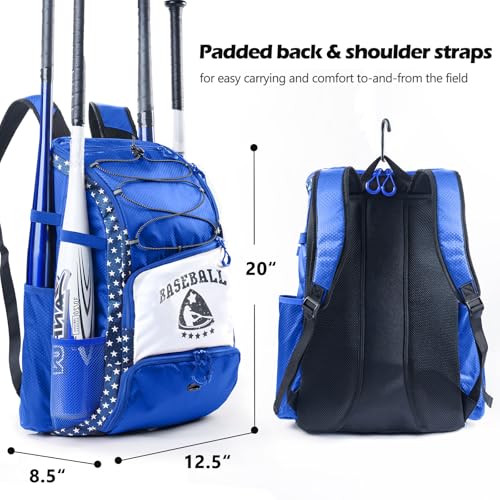 VIGEGARI Baseball & Softball Bag for Youth & Adult with 4 Bat Sleeves, Shoe Compartment, Fence Hook - Blue, Large - Image 4