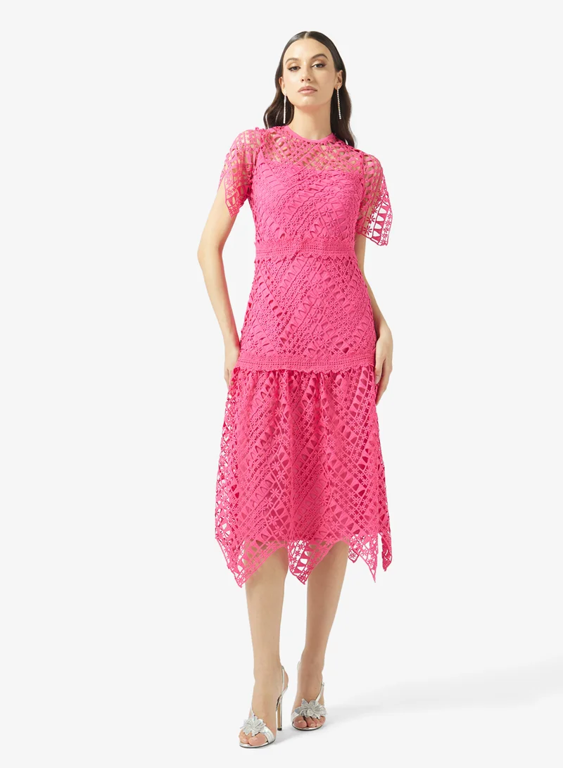 Frock and Frill Crochet Detailed Short Sleeve Midi Dress