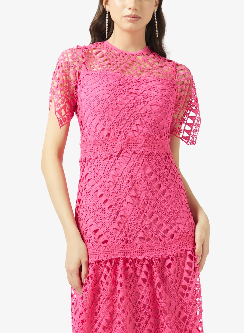 Frock And Frill  Crochet Detailed Short Sleeve Midi Dress for Women | Best Price UAE