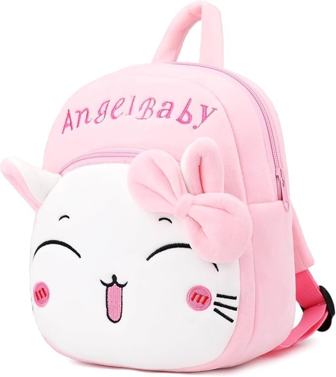 MELVIS Cute Kids Backpack Toddler Bag | Plush Animal Cartoon Mini Travel Bag for Baby Girl & Boy 1-5 Years | Small Size | Angel Baby Cream Design – Pink - Image 4