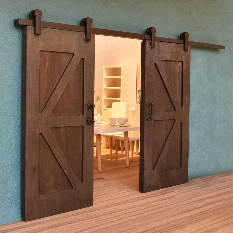 iLAND 1/12 Scale Accessories of Dollhouse Door Miniature Wooden Barn Doors w/Sliding Rods for Dollhouse DÃ©cor Doll House Accessories and Furniture Black - Image 1