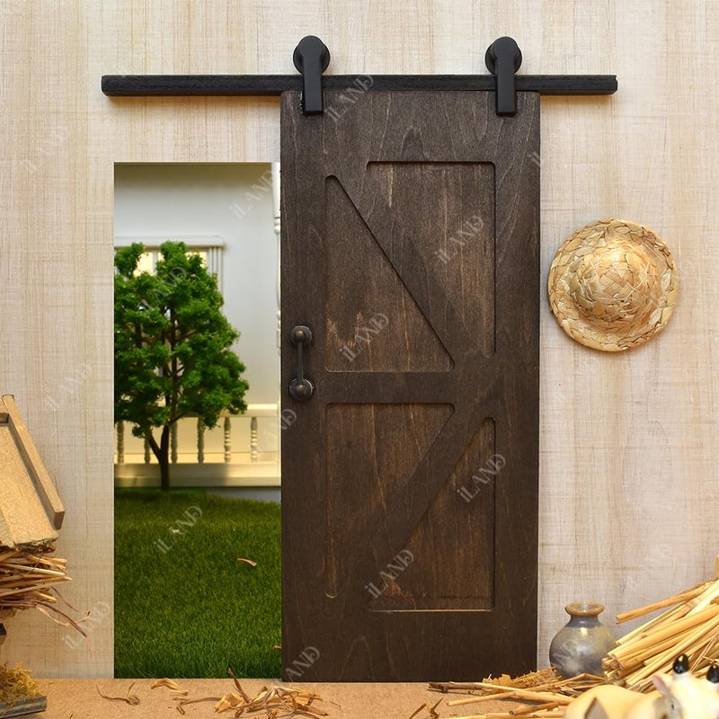 iLAND 1/12 Scale Accessories of Dollhouse Door Miniature Wooden Barn Doors w/Sliding Rods for Dollhouse DÃ©cor Doll House Accessories and Furniture Black - Image 4