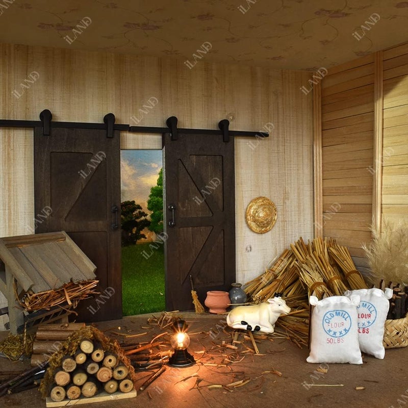 iLAND 1/12 Scale Accessories of Dollhouse Door Miniature Wooden Barn Doors w/Sliding Rods for Dollhouse DÃ©cor Doll House Accessories and Furniture Black - Image 2
