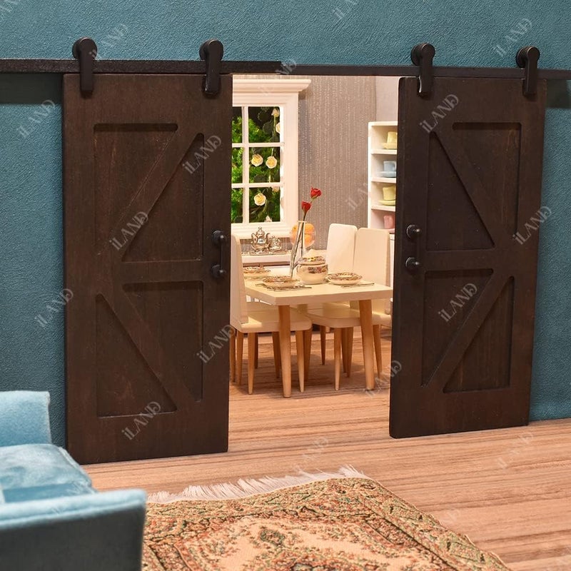 iLAND 1/12 Scale Accessories of Dollhouse Door Miniature Wooden Barn Doors w/Sliding Rods for Dollhouse DÃ©cor Doll House Accessories and Furniture Black - Image 3
