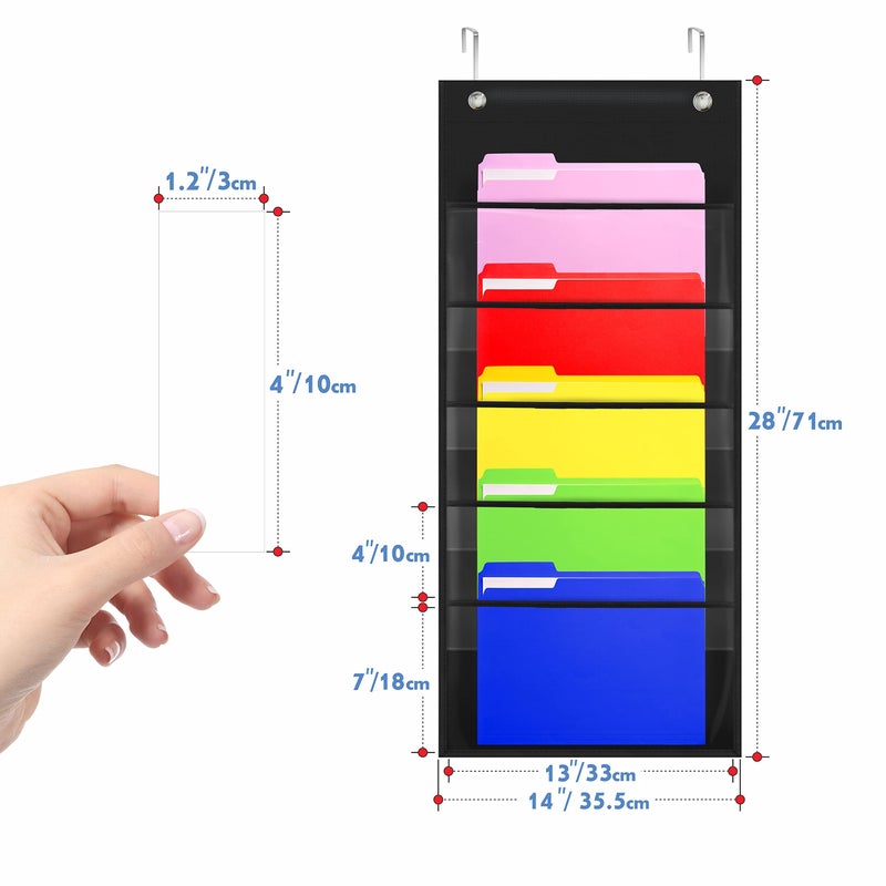 Vantasii Storage Pocket Chart, Heavy Duty Wall File Organization Folder with 5 Clear File Pockets, 5 Blank Dry-Erase Name Stickers Plus 2 Over Door Hooks for Files, Bills, Classroom & Office (Black, 14â€ X 28â€) - Image 4
