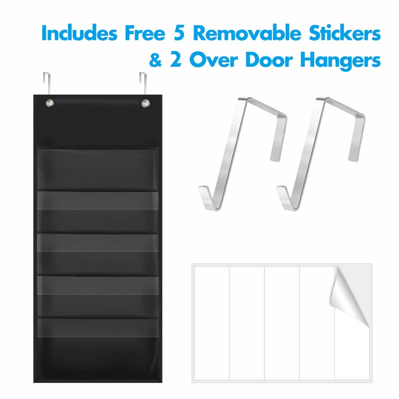 Vantasii Storage Pocket Chart, Heavy Duty Wall File Organization Folder with 5 Clear File Pockets, 5 Blank Dry-Erase Name Stickers Plus 2 Over Door Hooks for Files, Bills, Classroom & Office (Black, 14â€ X 28â€) - Image 2