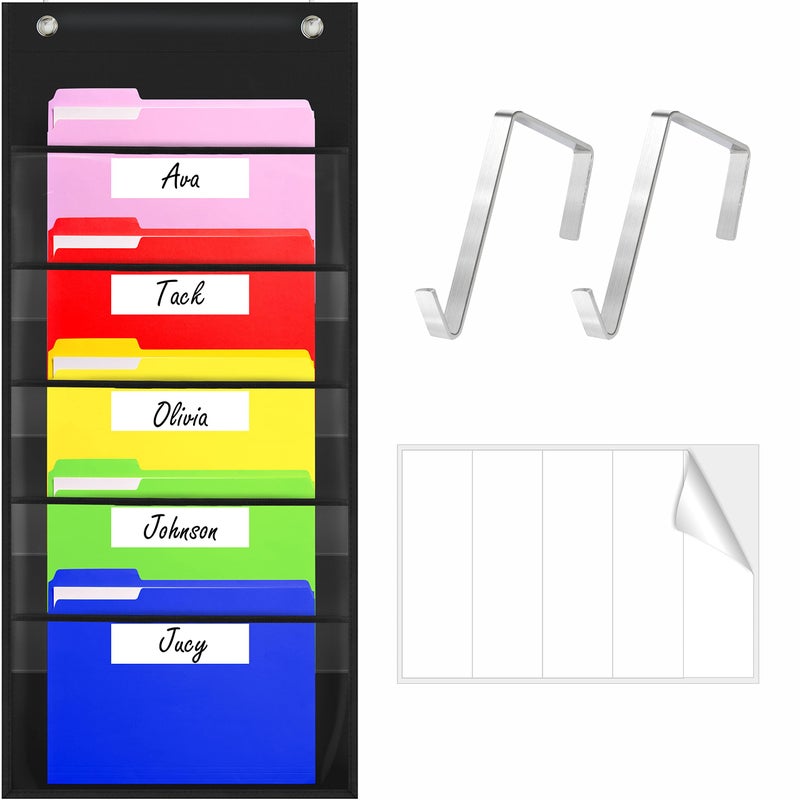 Vantasii Storage Pocket Chart, Heavy Duty Wall File Organization Folder with 5 Clear File Pockets, 5 Blank Dry-Erase Name Stickers Plus 2 Over Door Hooks for Files, Bills, Classroom & Office (Black, 14â€ X 28â€) - Image 1