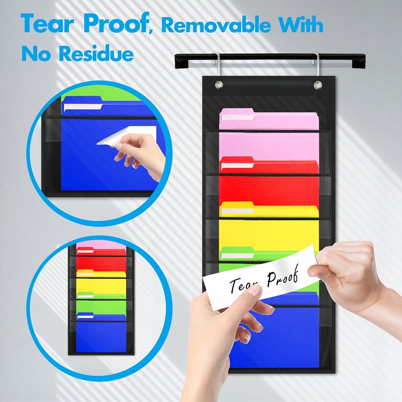 Vantasii Storage Pocket Chart, Heavy Duty Wall File Organization Folder with 5 Clear File Pockets, 5 Blank Dry-Erase Name Stickers Plus 2 Over Door Hooks for Files, Bills, Classroom & Office (Black, 14â€ X 28â€) - Image 5