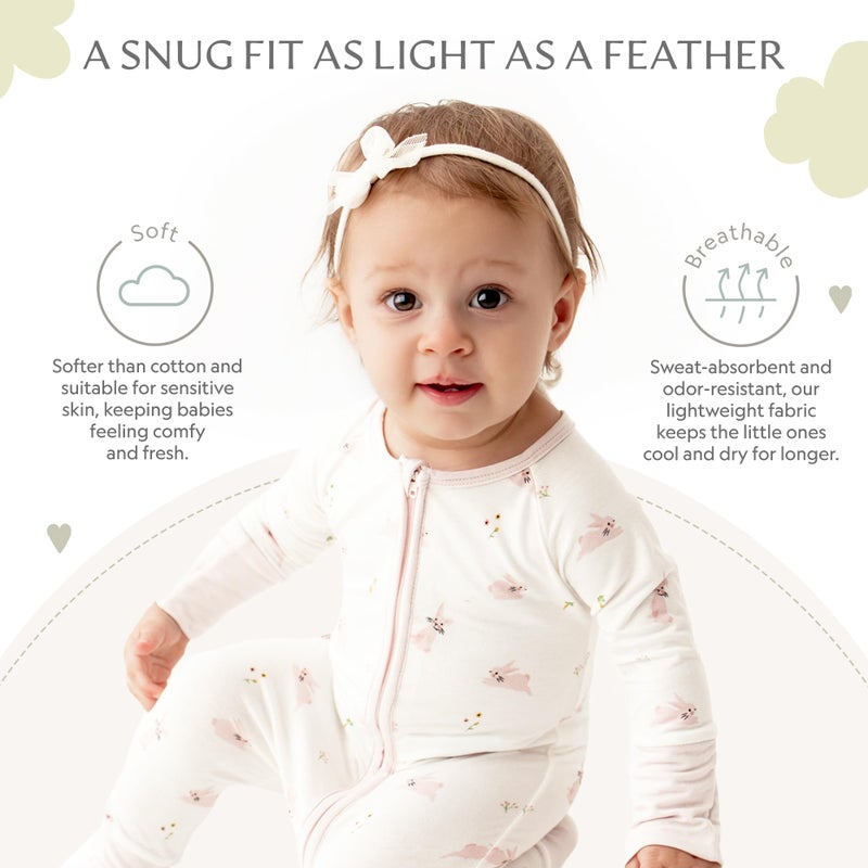 Bamboo Little Ultra-Soft Convertible Baby Romper - Gender Neutral Baby Clothes with 2-Way Zipper - Footless with Fold-Over Mittens and Foot Cover, Unisex One Piece Sleepers, Bunny, 6-9 Months - Image 3