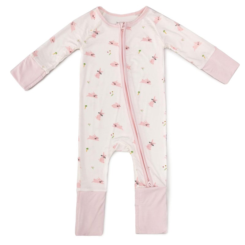 Bamboo Little Ultra-Soft Convertible Baby Romper - Gender Neutral Baby Clothes with 2-Way Zipper - Footless with Fold-Over Mittens and Foot Cover, Unisex One Piece Sleepers, Bunny, 6-9 Months - Image 1