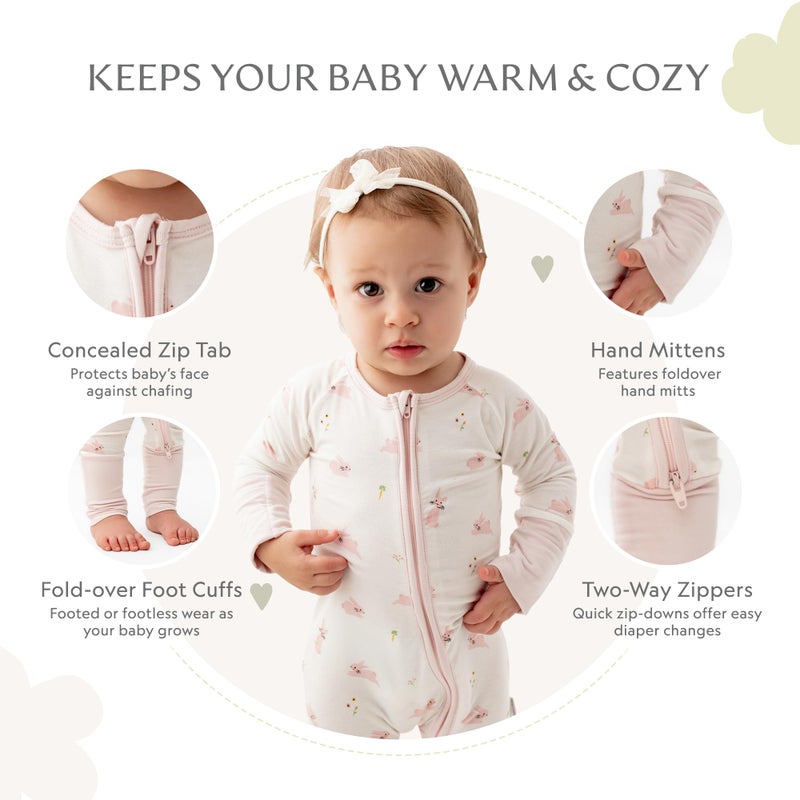 Bamboo Little Ultra-Soft Convertible Baby Romper - Gender Neutral Baby Clothes with 2-Way Zipper - Footless with Fold-Over Mittens and Foot Cover, Unisex One Piece Sleepers, Bunny, 6-9 Months - Image 2