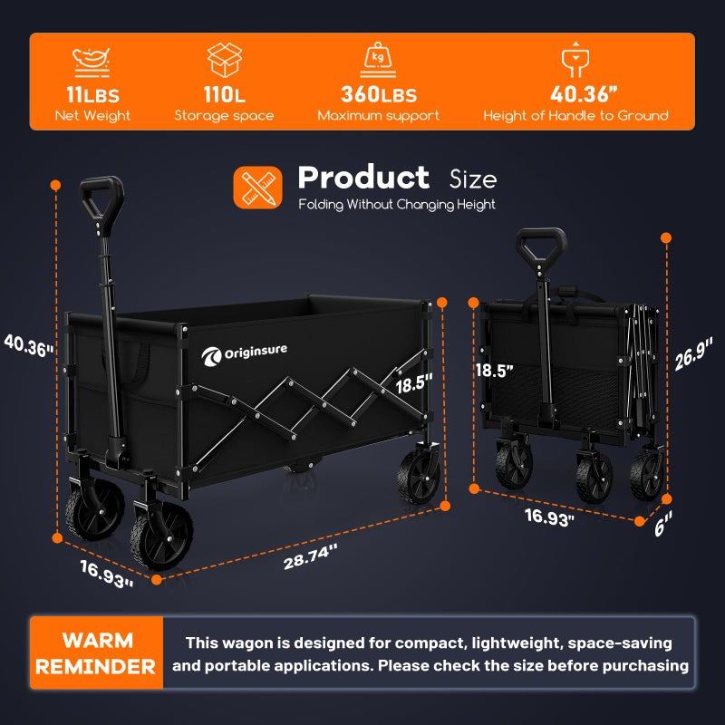 Originsure Collapsible Wagon Cart Foldable - Lightweight Portable Heavy Duty Folding Beach Wagons with Wheels - Outdoor Utility Carts for Grocery, Camping, Shopping, Sports, Garden with Large Capacity - Image 3