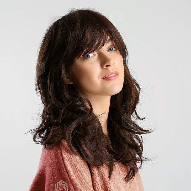 اي سي اي اف باروكات شعر مستعار طويلة ومموجة للنساء من ECIF، لون بني، بطول الكتف مع غرة - Image 2