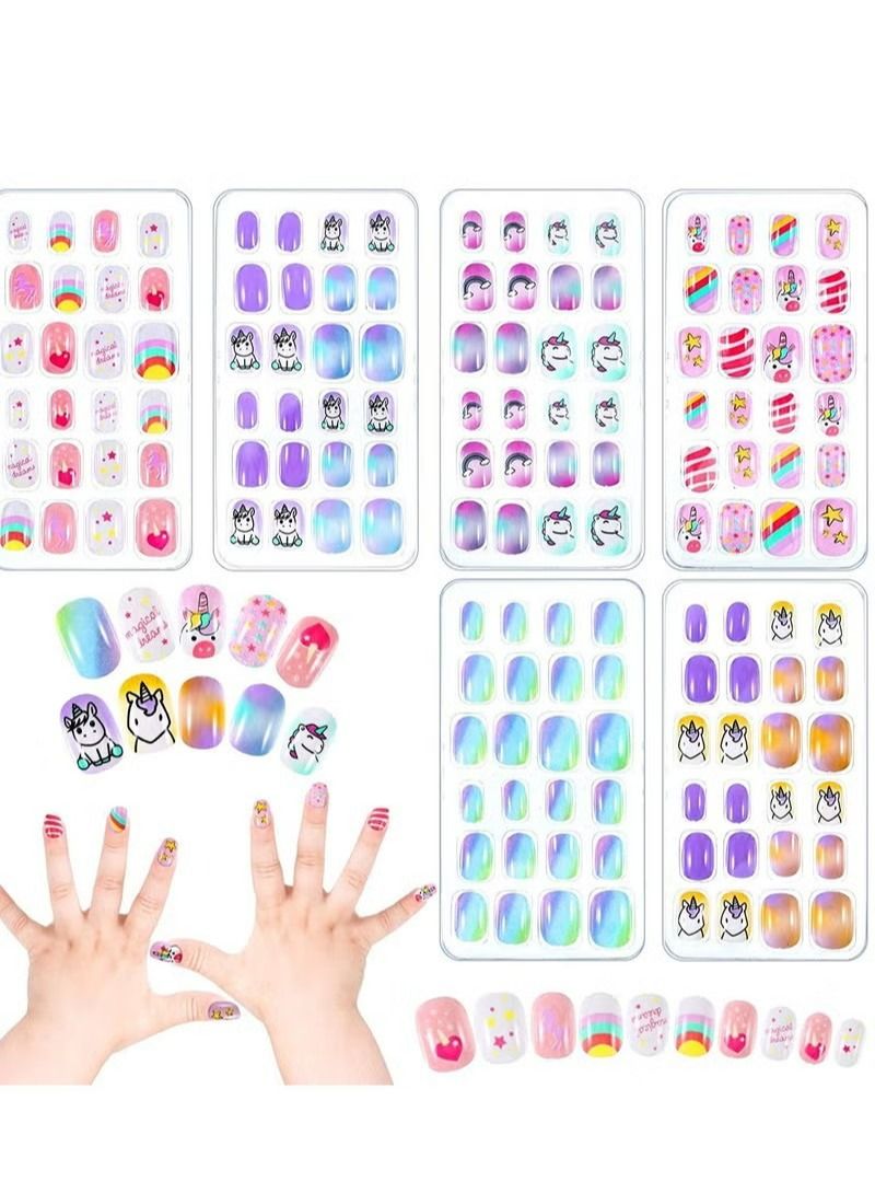 144 Pieces 6 Box Kids False Nails,Children Press On Fake Tip Cartoon Full Cover Short Fingernail Artificial Tips Pre-glued Stickers For Girls Art Decoration - Image 1