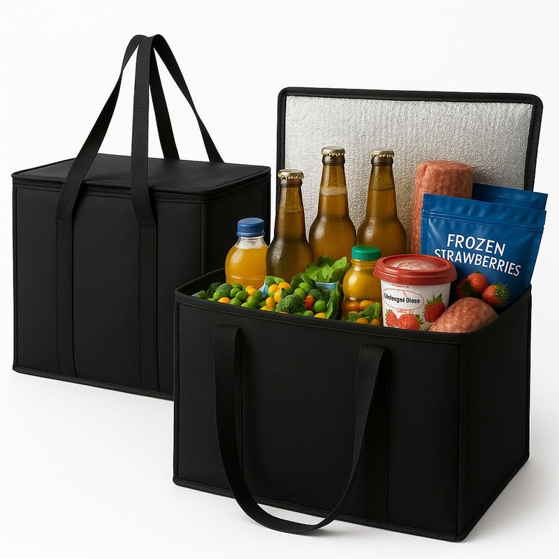 musbus 2Pack XLLarge Insulated Grocery shopping bags Black reusable bagthermal zipperCollapsibletotecoolerfood transport hot and coldcamping delivery groceries freezer