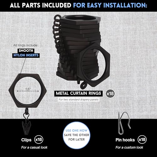 BlastHome® Luxury Curtain Rings - Premium Metal - Quiet, Smooth, Removable Nylon Inserts - Pinhooks & Clips Included - 1 1/2" Inside Diameter - 18 Rings for Two Standard Curtains - Brushed Dark Brown - Image 4