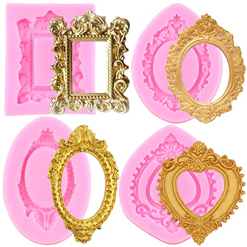 MIYAHOUSE Picture Frames Silicone Mold Photo Frame Fondant Mold Baroque Style Frame Molds For Cupcake Topper Cake Decoration Chocolate Candy Polymer Clay Gum Paste Set Of 4 - Image 1