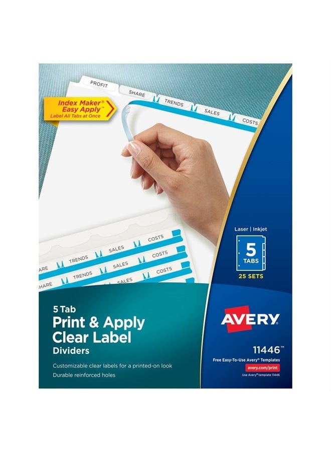 Avery 5-Tab Binder Dividers, Easy Print & Apply Clear Label Strip, Index Maker, White Tabs, 25 Sets (11446) - Image 1