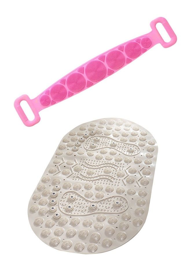 ZCM-HAPPY 2-Piece Silicone Back Scrub Artifact Bath Towel and Foot Massage Mat Bathroom Non-slip Mat Bath Supplies Pink/Brown - Image 1