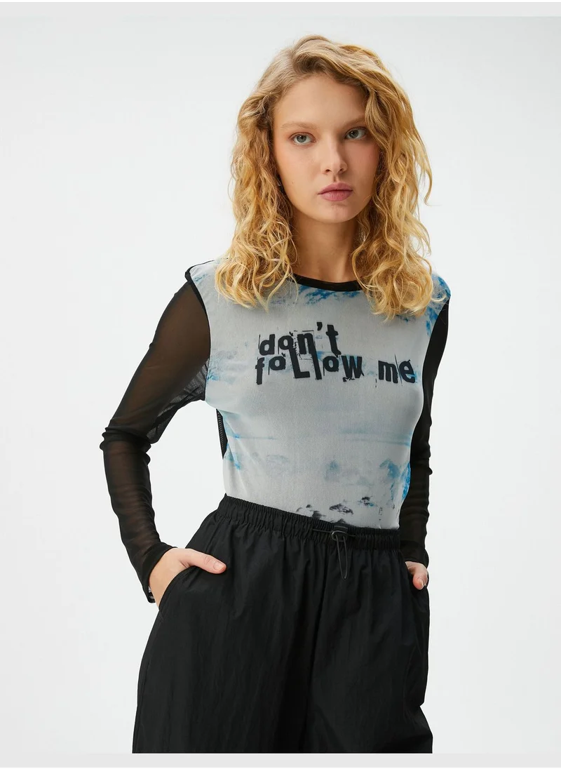 كوتون Tulle T-Shirt Tie-Dye Patterned Slogan Printed Long Sleeve Crew Neck