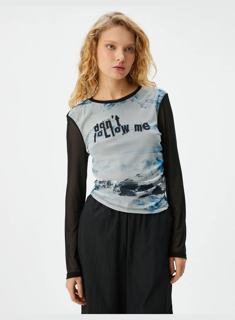 كوتون Tulle T-Shirt Tie-Dye Patterned Slogan Printed Long Sleeve Crew Neck