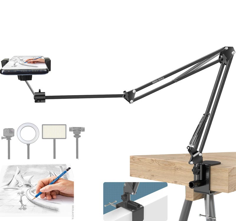 BROLAVIYA Overhead Video Mobile Stand, New Extra Long Arm, 1/4" Head 2 Way Base clamp, and Bracket for Mobile Phone, for, Overhead Video, Desktop,Bedroom, Office, Black - Image 1