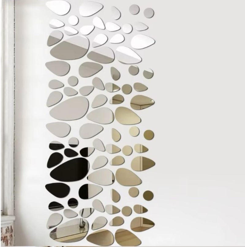 V2H 60Pcs Irregular Geometric Cobblestone Pattern Silver Decorative Mirror Stickers for Wall, Wall Mirror Stickers, Acrylic Stickers Wall Stickers for Hall Room, Bed Room, Kitchen Living Room - Image 1