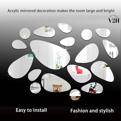V2H 60Pcs Irregular Geometric Cobblestone Pattern Silver Decorative Mirror Stickers for Wall, Wall Mirror Stickers, Acrylic Stickers Wall Stickers for Hall Room, Bed Room, Kitchen Living Room - Image 3