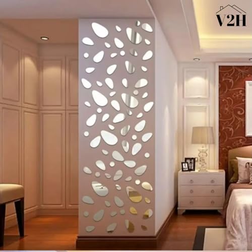 V2H 60Pcs Irregular Geometric Cobblestone Pattern Silver Decorative Mirror Stickers for Wall, Wall Mirror Stickers, Acrylic Stickers Wall Stickers for Hall Room, Bed Room, Kitchen Living Room - Image 5