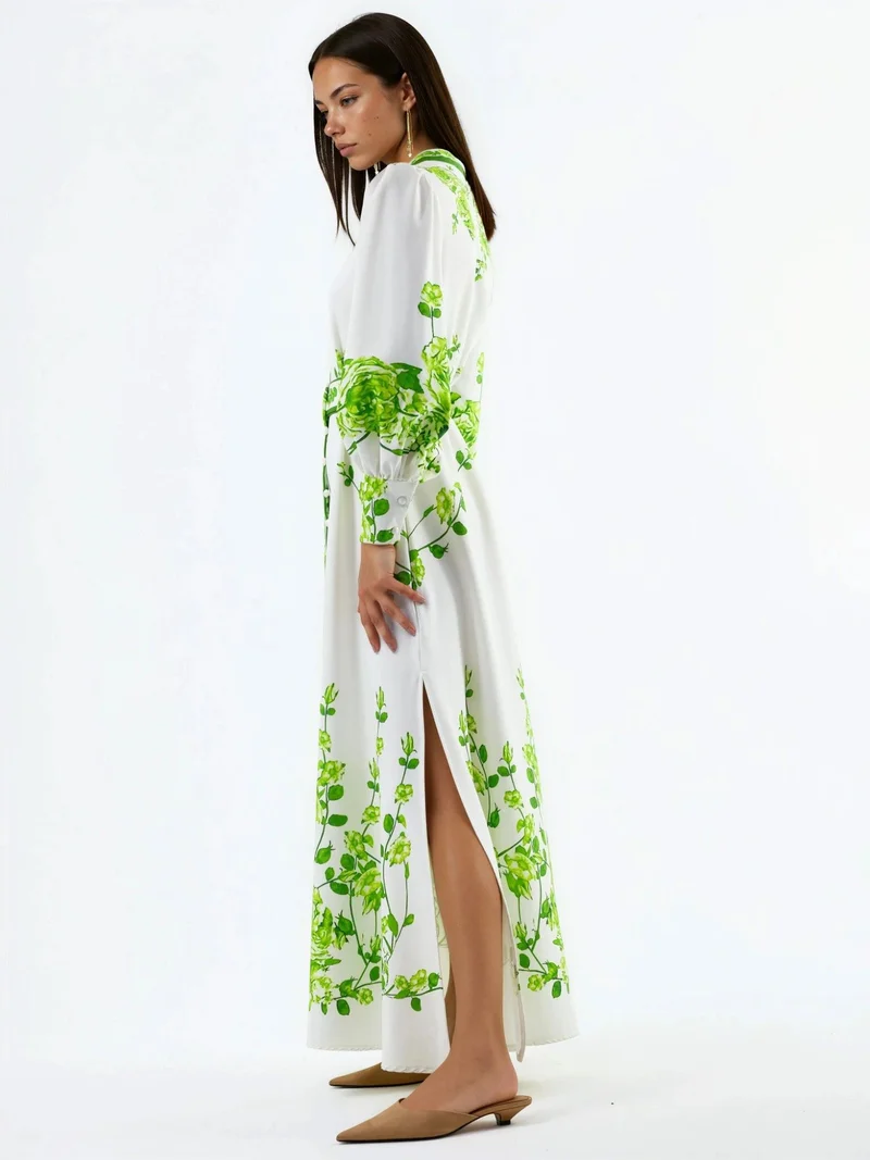 جينيفر Floral Long Sleeve Belted Maxi Dress with Mandarin Collar