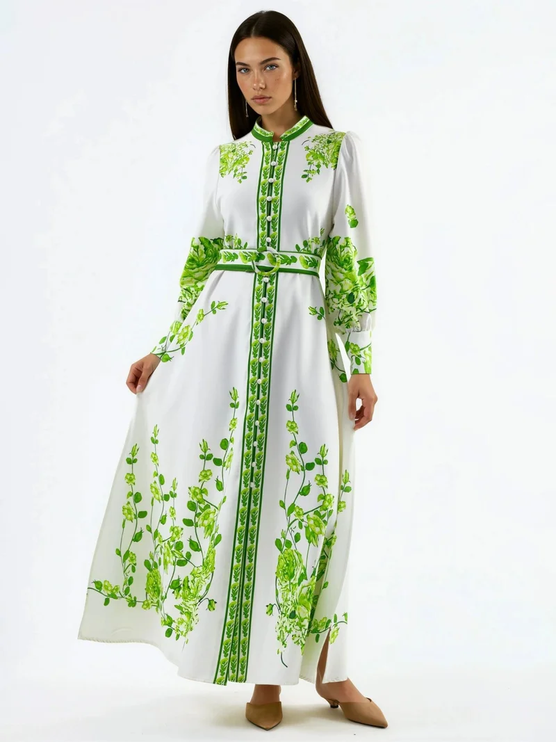 جينيفر Floral Long Sleeve Belted Maxi Dress with Mandarin Collar