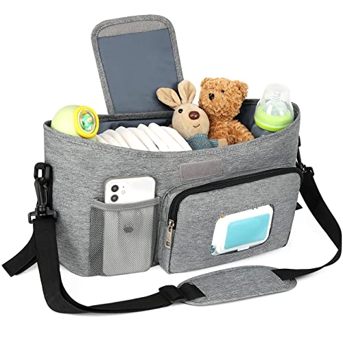 Accmor Universal Stroller Organizer with Insulated Cup Holder Stroller Caddy Bag Accessories Stroller Cup Holder Organizer for Uppababy Baby Jogger Britax Stroller Grey - Image 3