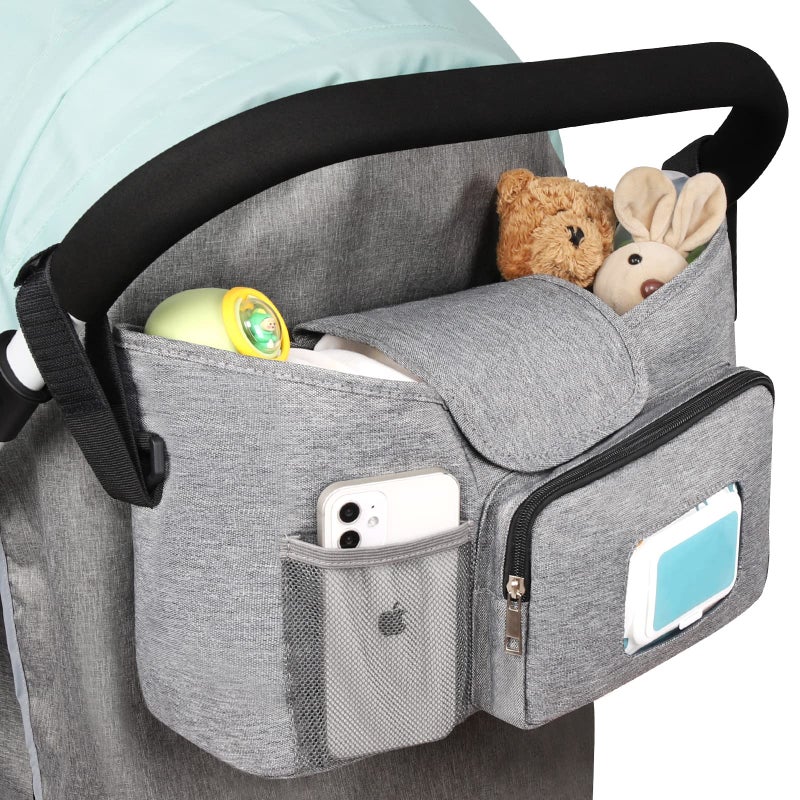 Accmor Universal Stroller Organizer with Insulated Cup Holder Stroller Caddy Bag Accessories Stroller Cup Holder Organizer for Uppababy Baby Jogger Britax Stroller Grey - Image 2